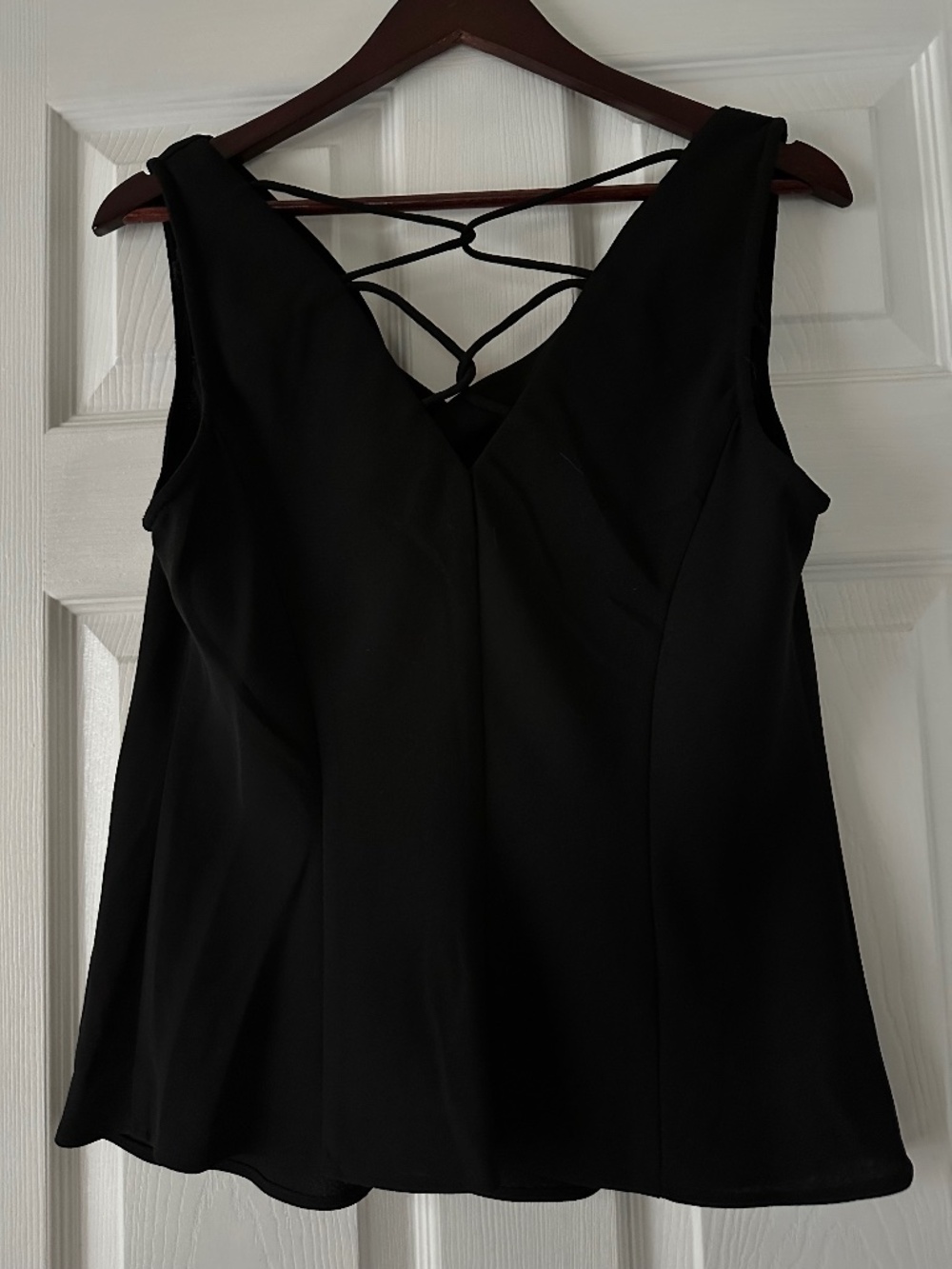 SL Fashions Sleeveless Black Draped-Back Tank Decorative Criss Cross Straps NWT